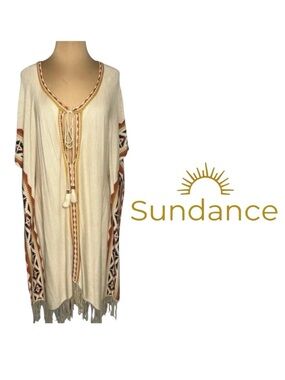 Sundance Idol Mind cream beige earth tone southwestern print boho poncho S/M